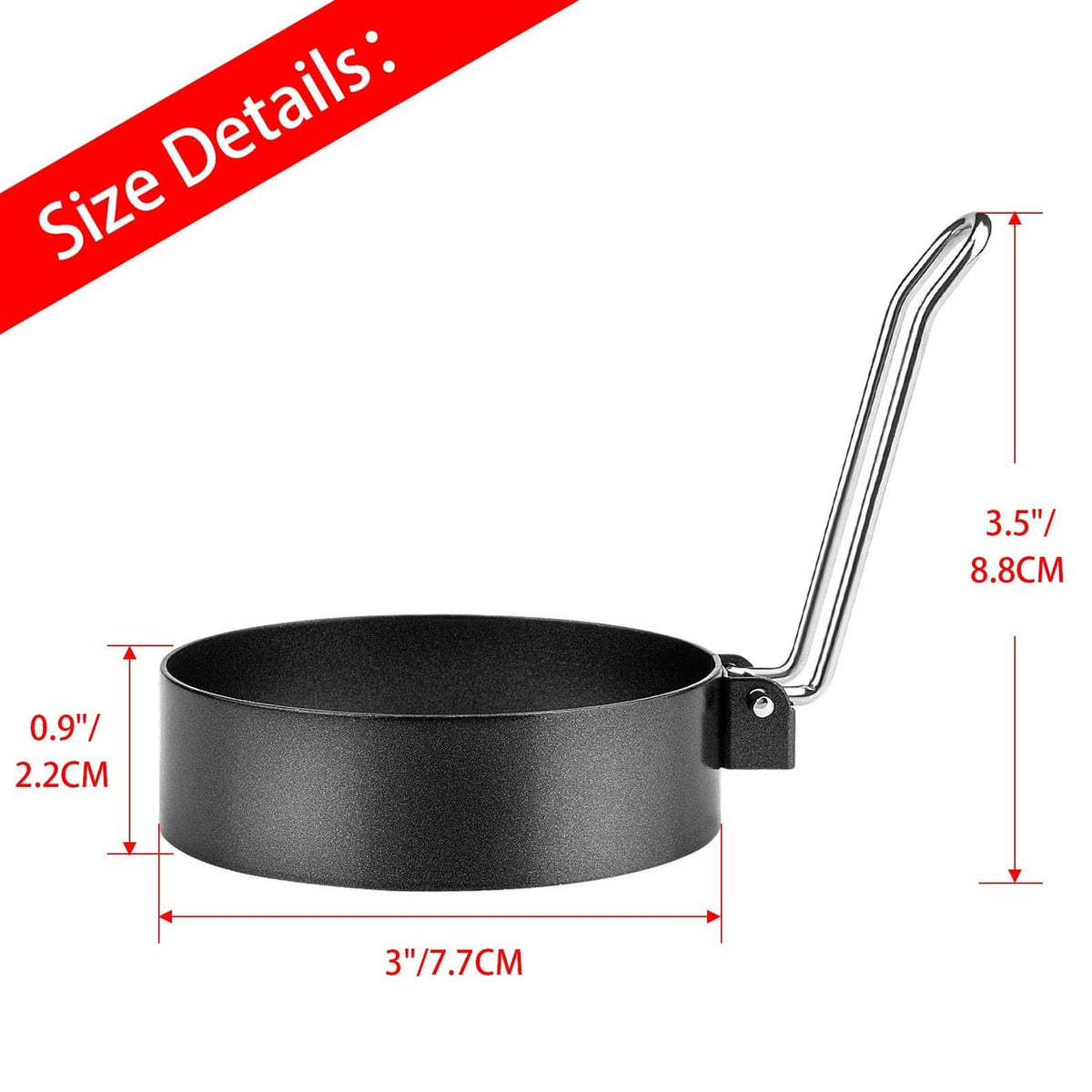 Nonstick round egg cooking ring with stainless handle, size dimensions shown