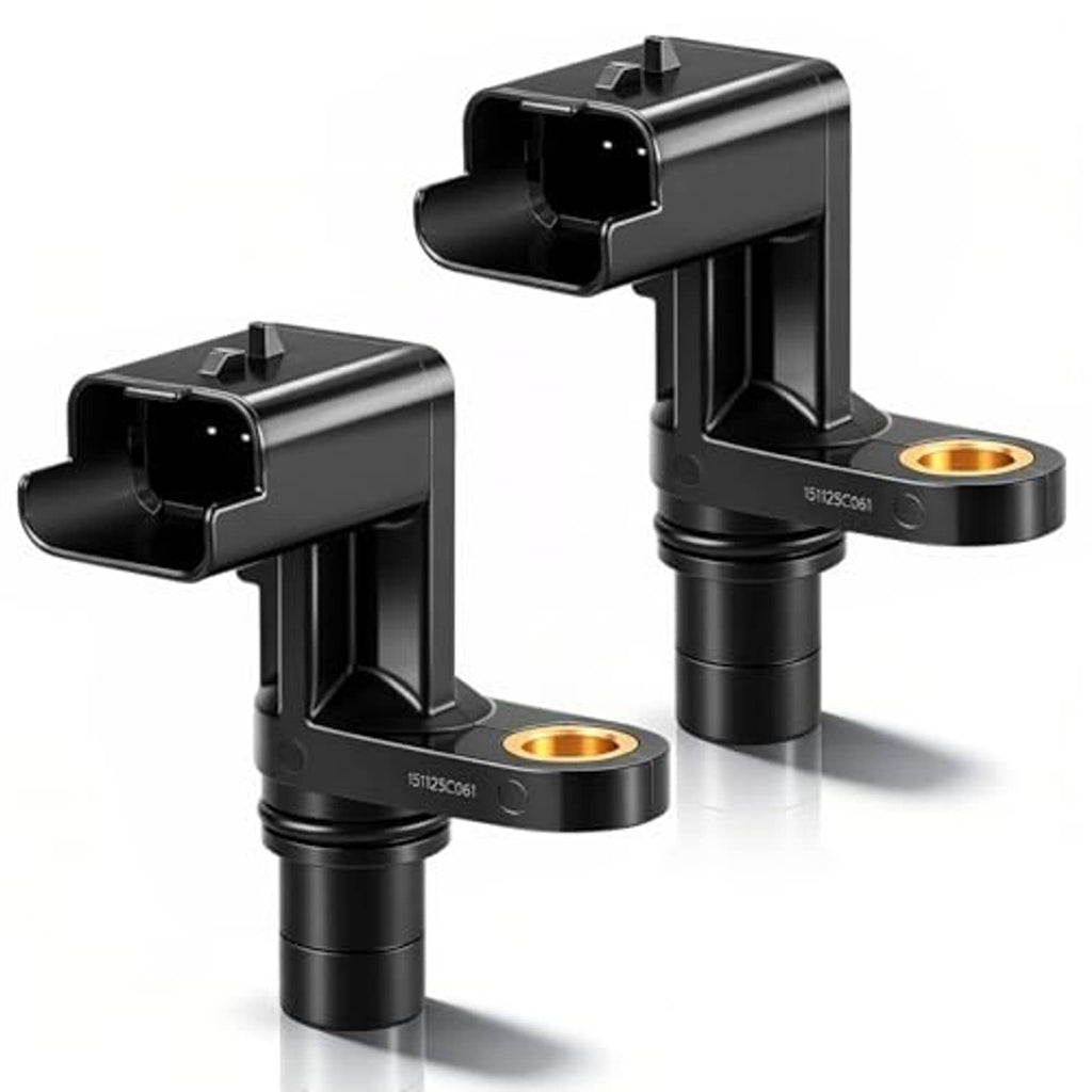 Two black camshaft position sensors shown at an angle with gold-brown terminal rings
