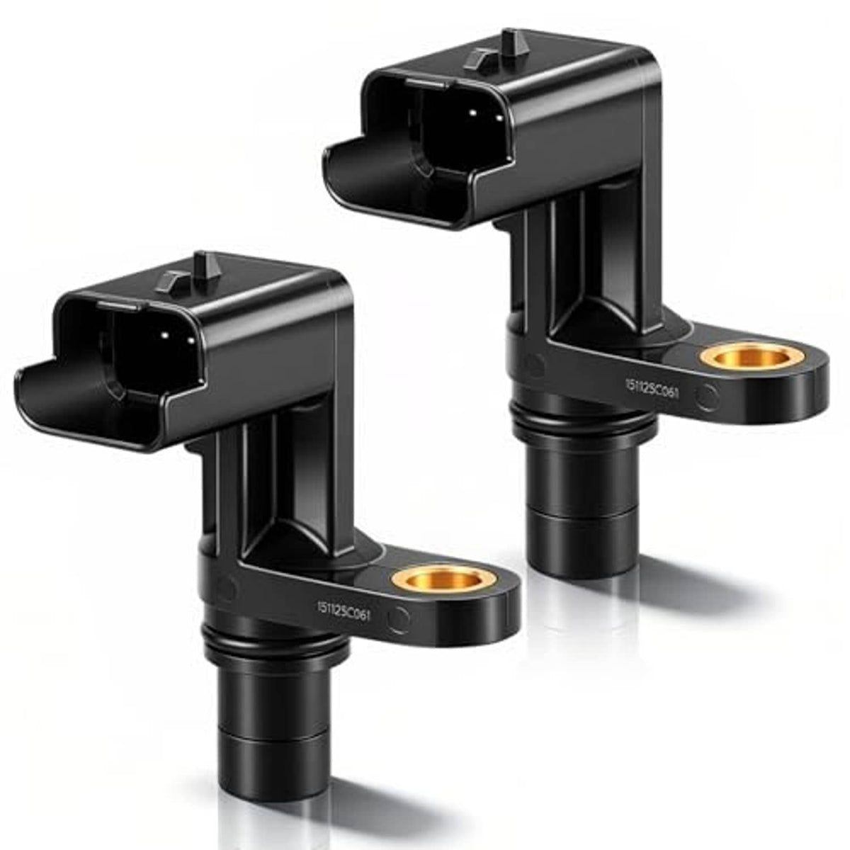 Two black camshaft position sensors shown at an angle with gold-brown terminal rings
