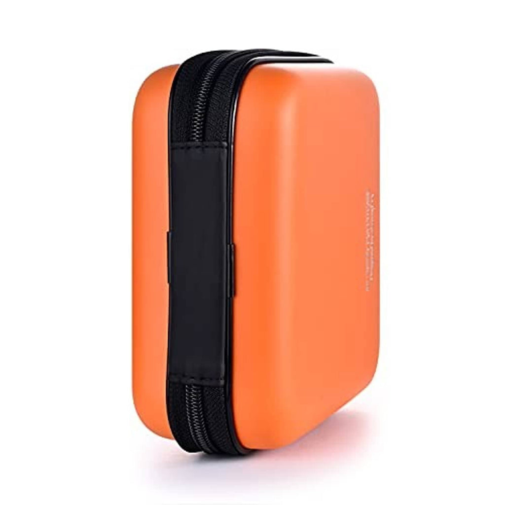 Orange hard-shell disc case with black side strap/handle and black zipper edge