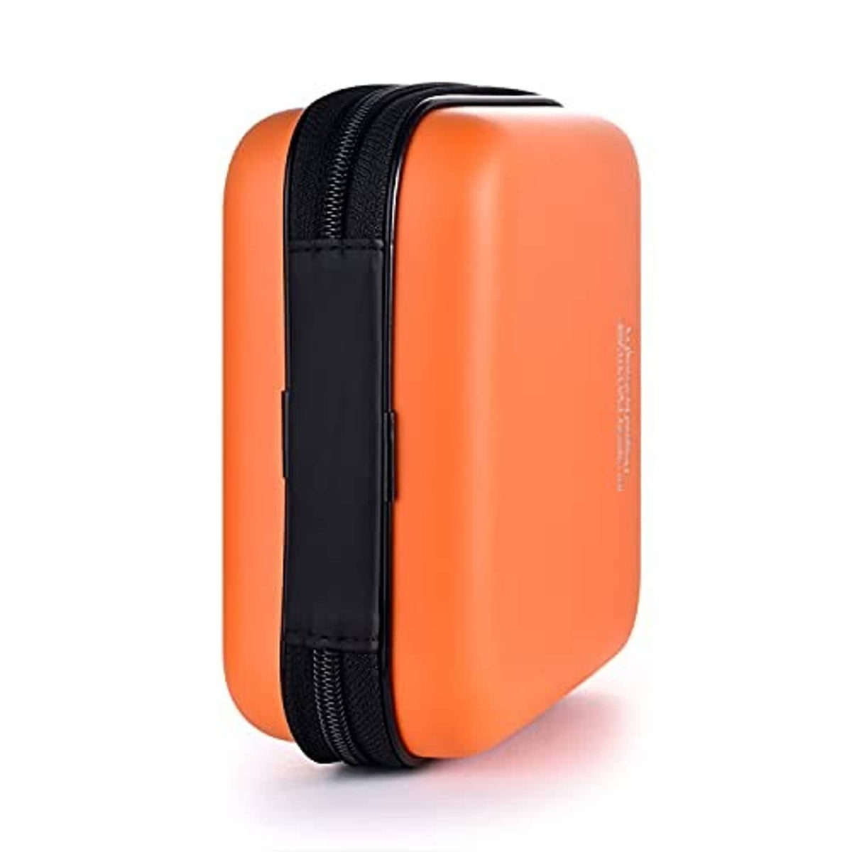Orange hard-shell disc case with black side strap/handle and black zipper edge