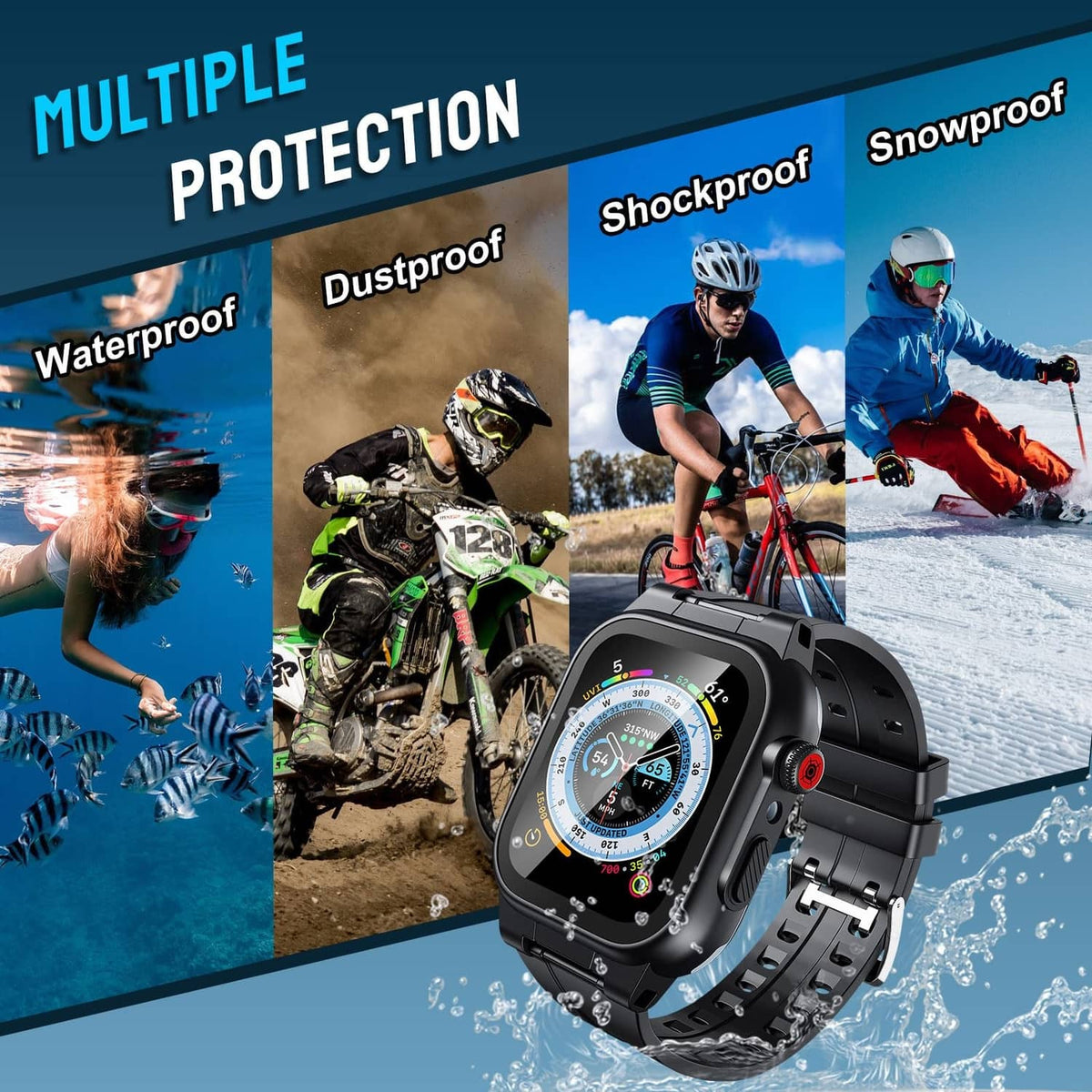 Black waterproof Apple Watch case with rugged band showing water, dust, and shock protection