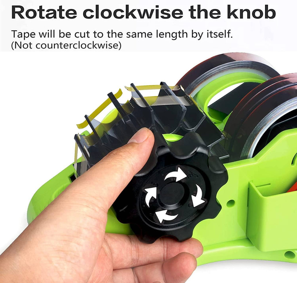 Neon green tape dispenser with black cutting knob, tape reel loaded and hand turning
