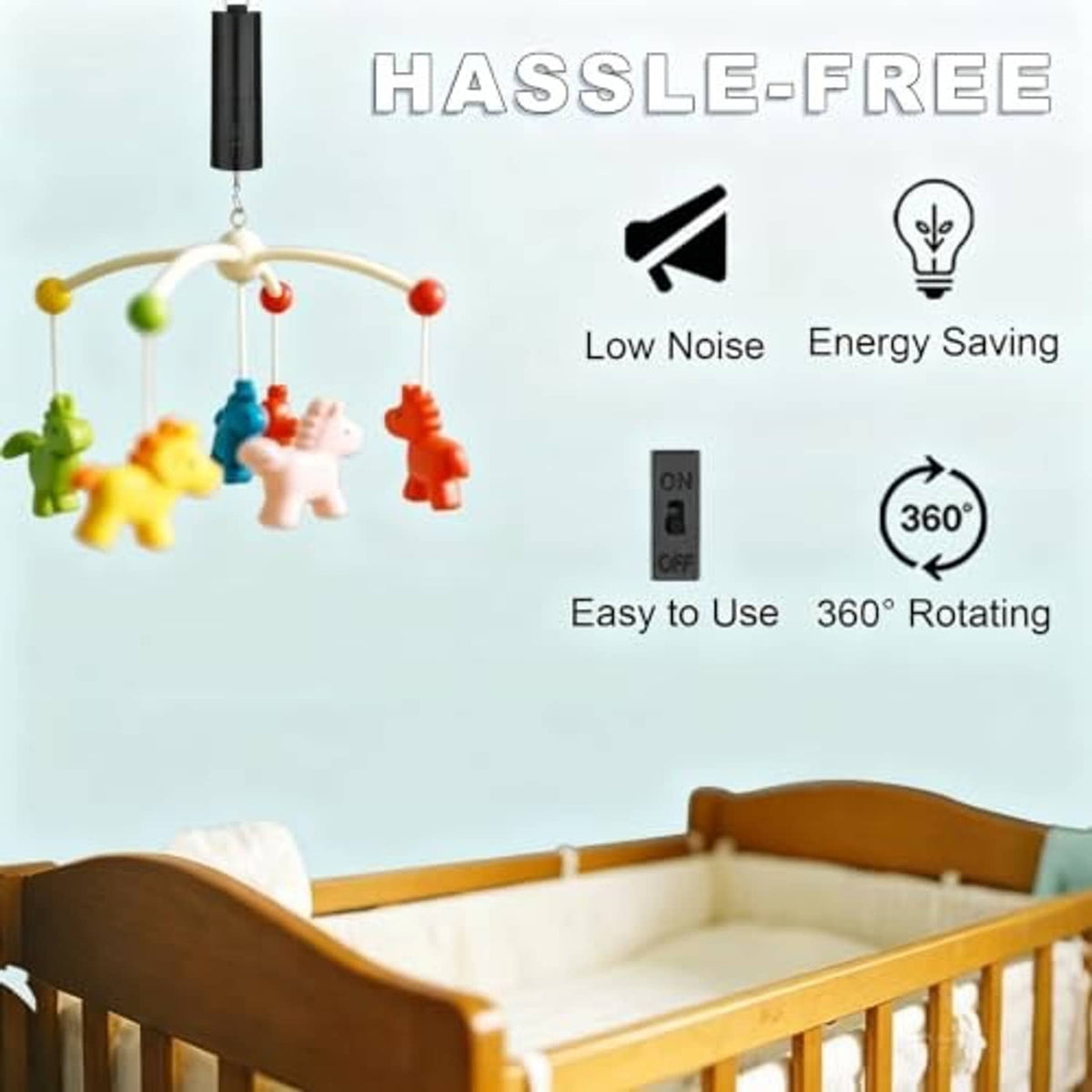 Black hanging disco ball motor with small hanging toy-like decorations