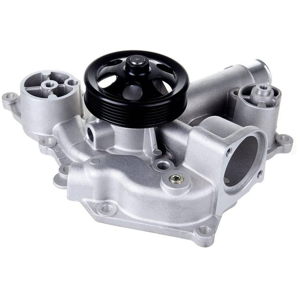 Silver water pump with black pulley wheel and multiple mounting openings