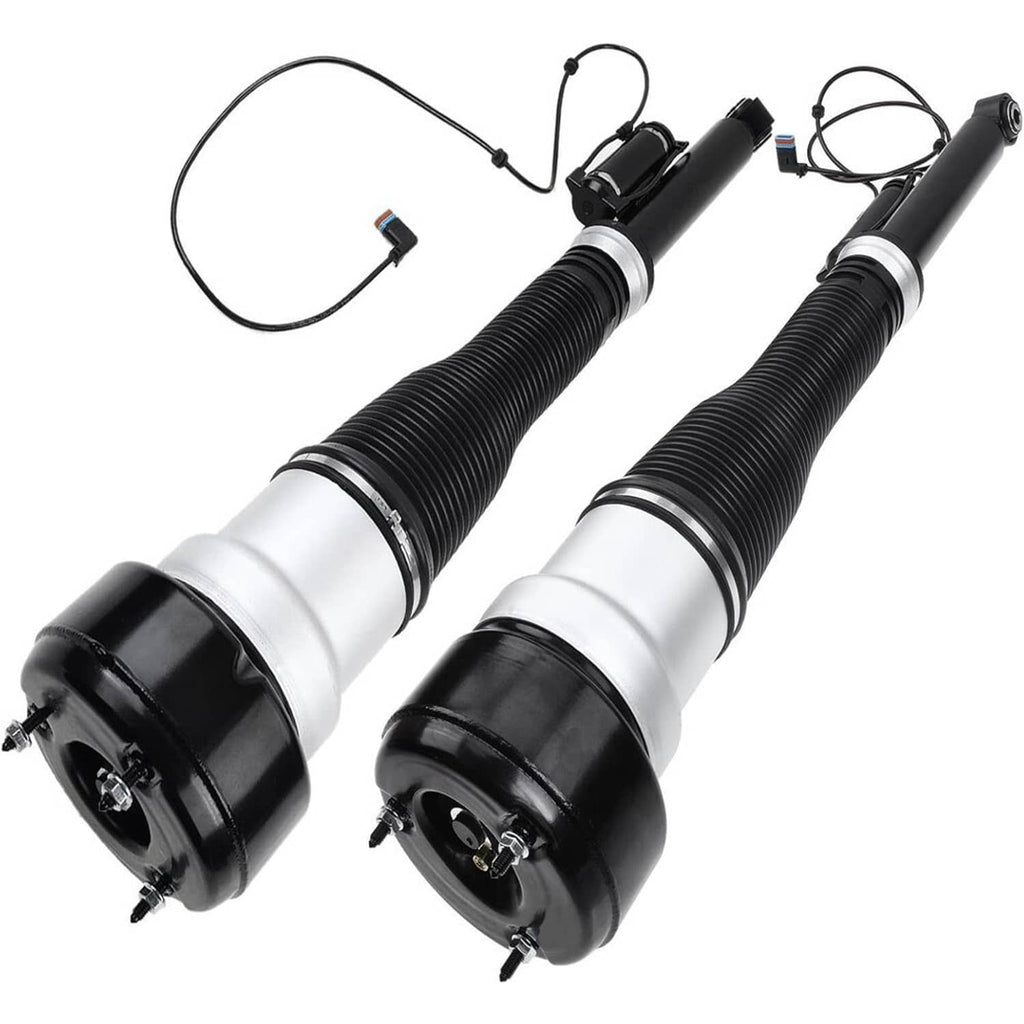 Pair of rear air suspension shocks with black ribbed bellows, silver body, and wiring