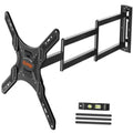 Black long-arm TV wall mount with adjustable brackets and mounting hardware kit