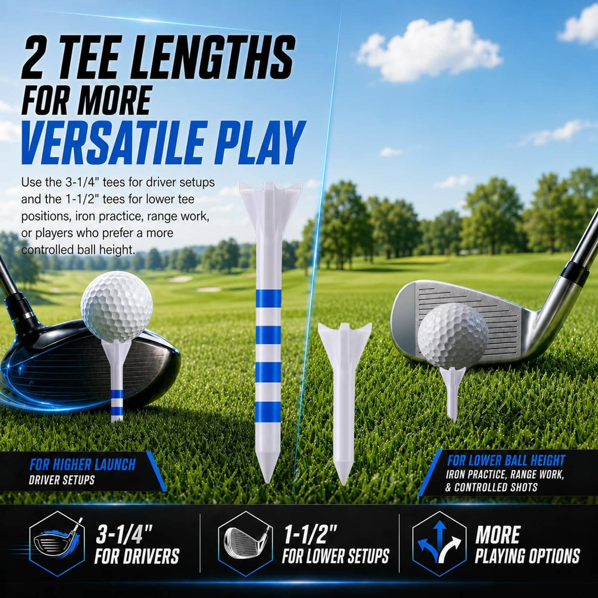 Two-length 4-prong golf tee set, white heads with blue-striped shafts (3-1/4 in & 1-1/2 in)