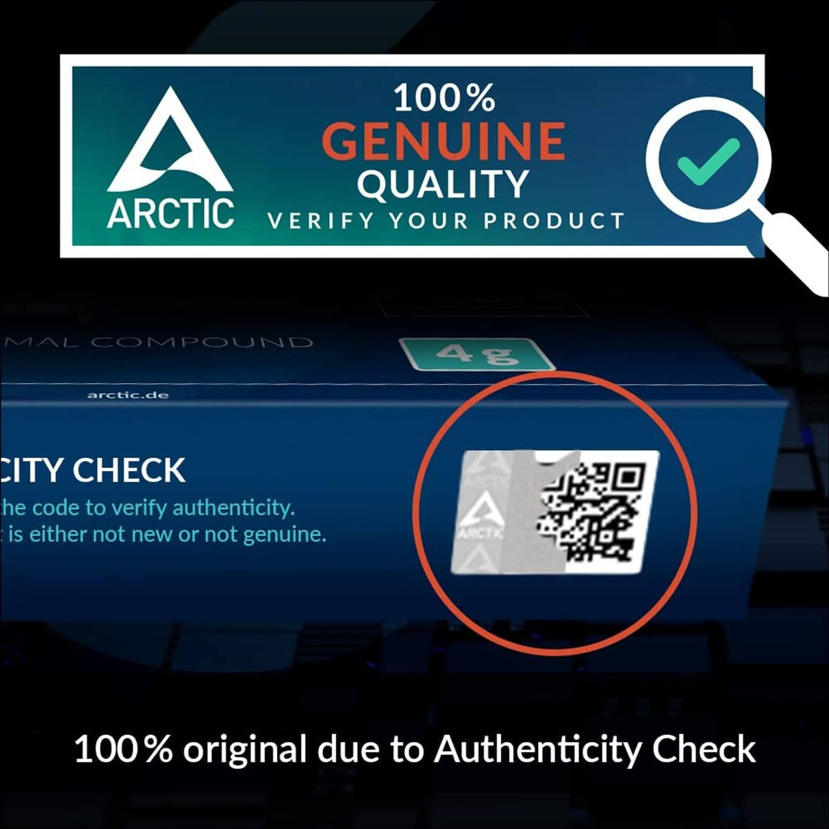 ARCTIC thermal paste package with 100% genuine quality and QR authenticity check