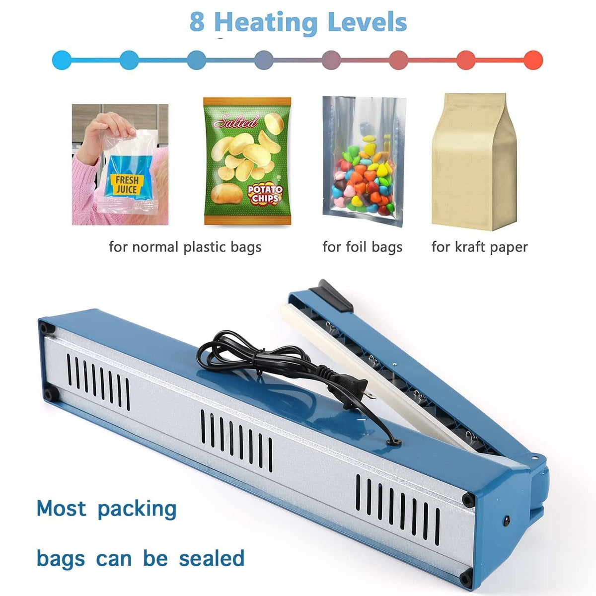 Blue heat sealer base with power cord and adjustable heating levels dial