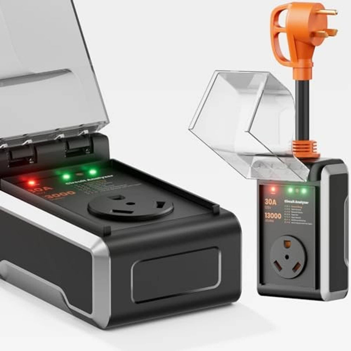 RV surge protector open case with orange plug, outlet socket, and green/red LED lights