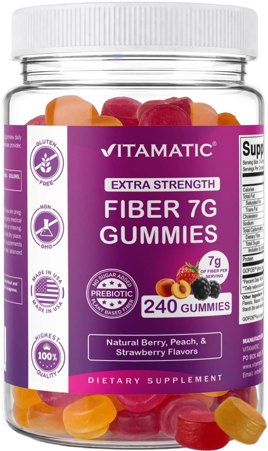 Vitamatic fiber 7g gummy bottle with mixed red and orange gummies in jar