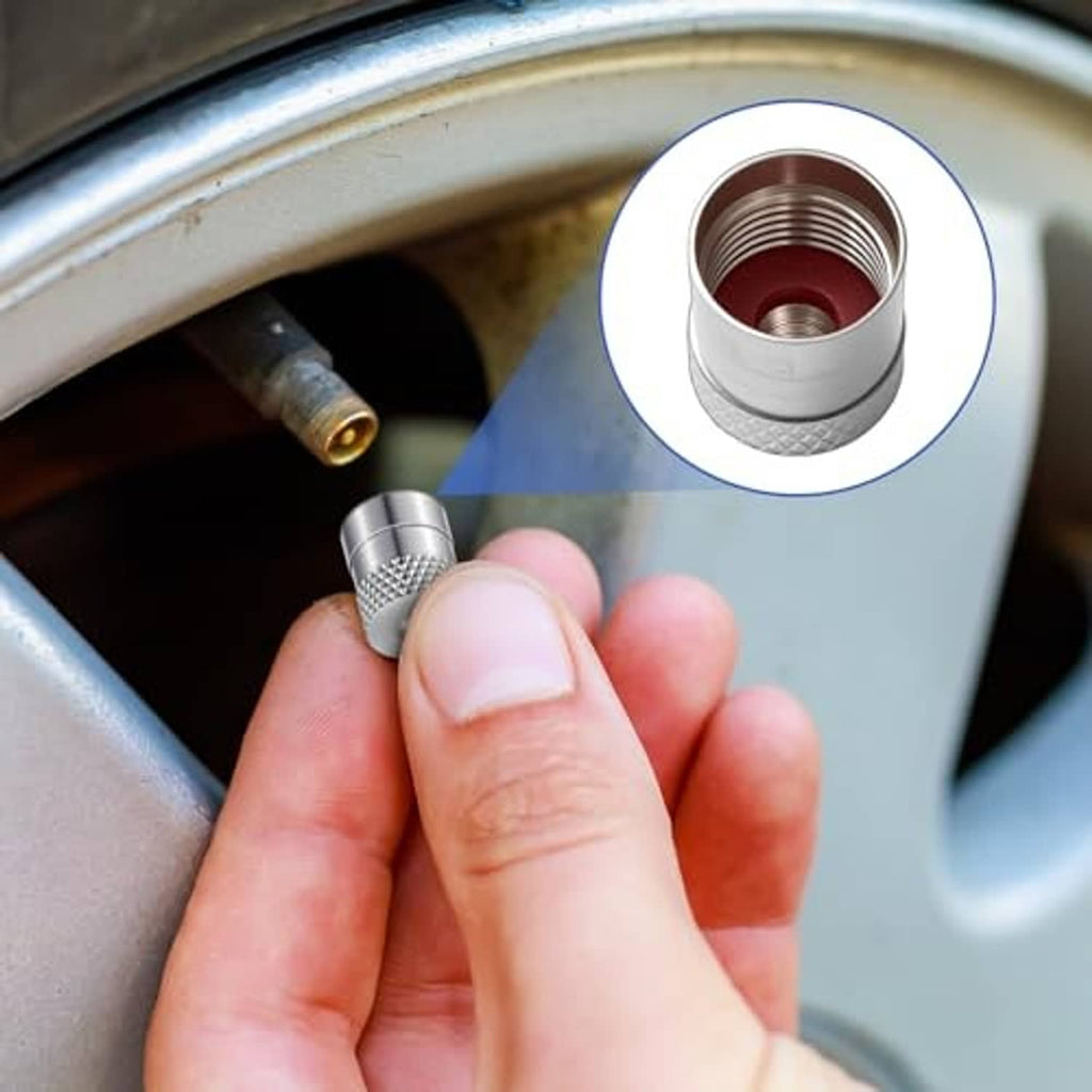 Installed metal tire valve cap showing red inner seal ring