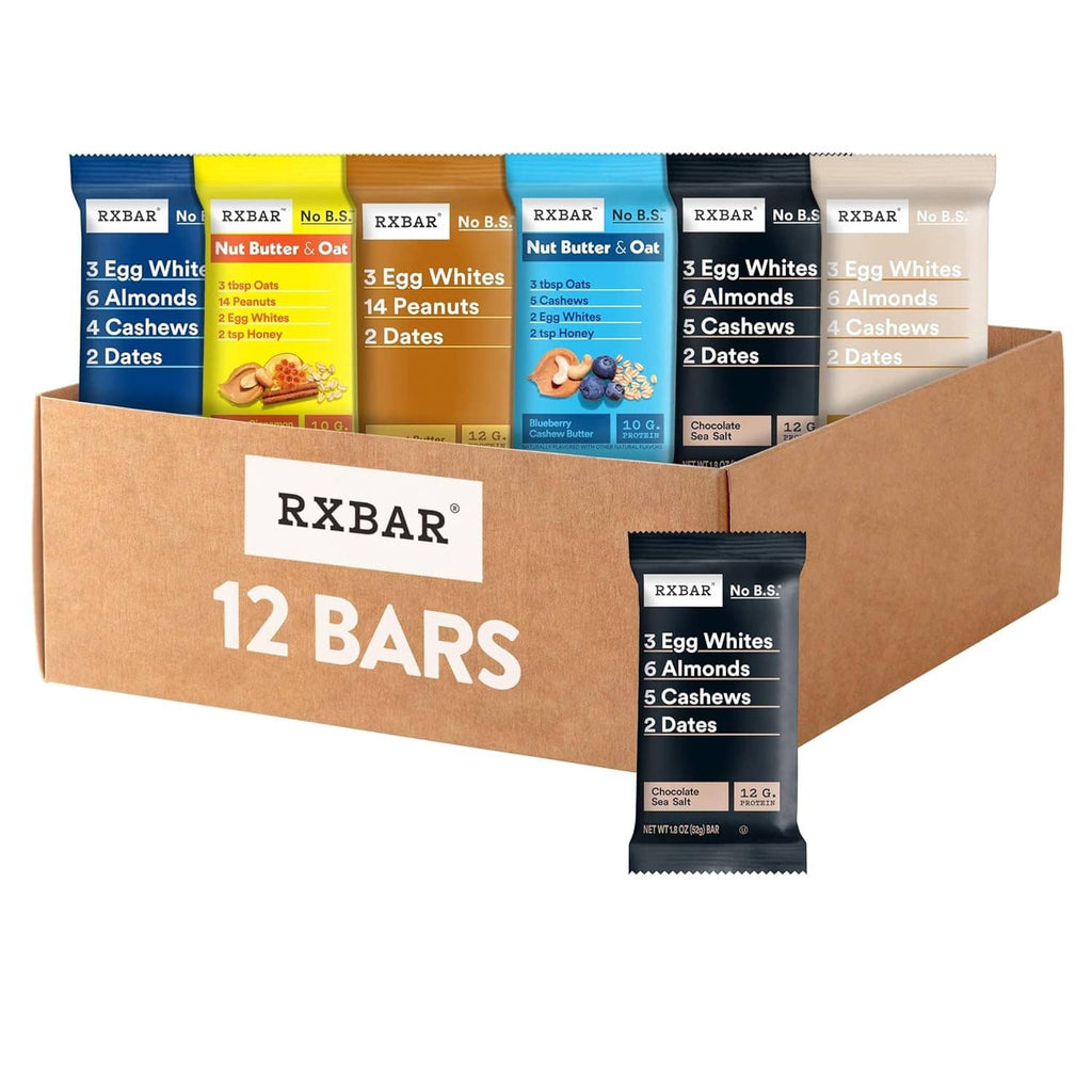 RxBAR protein bar variety pack with 12 sealed bar packages in a cardboard box