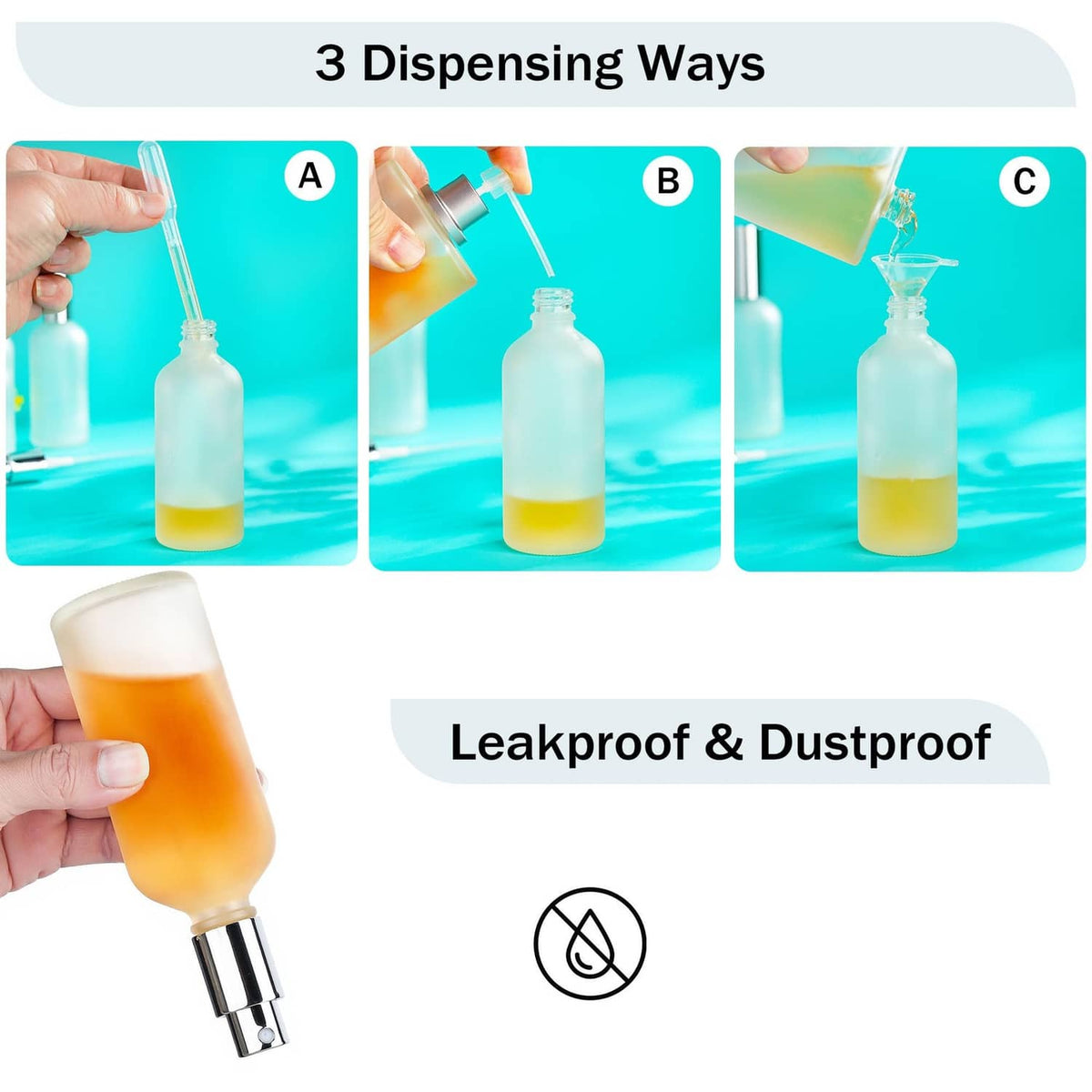Refillable perfume atomizer bottles with chrome pumps and dispensing tips for different uses