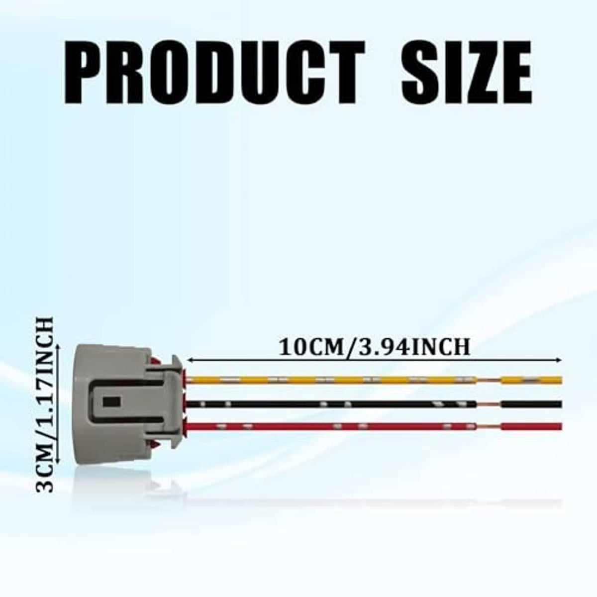 Gray 3-pin connector plug on a wire harness with yellow, red, and black leads
