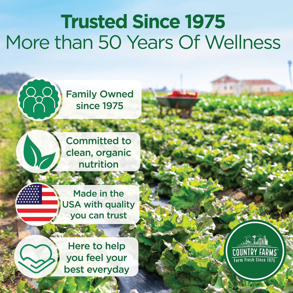 Outdoor greens field background with Country Farms badge and “Trusted Since 1975” text