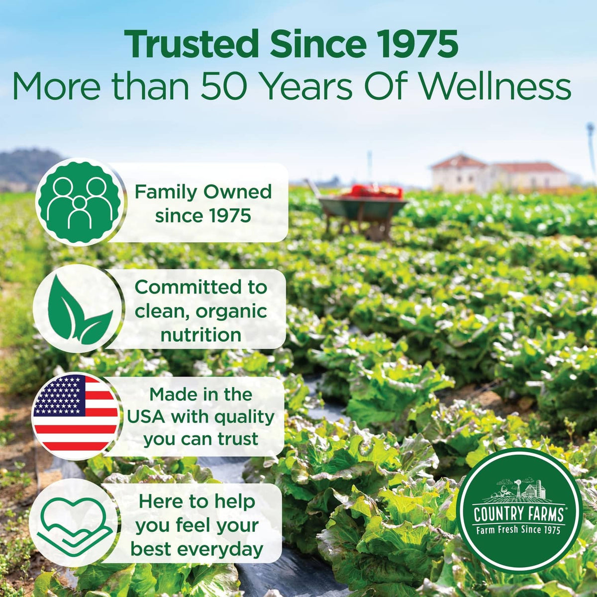 Outdoor greens field background with Country Farms badge and “Trusted Since 1975” text