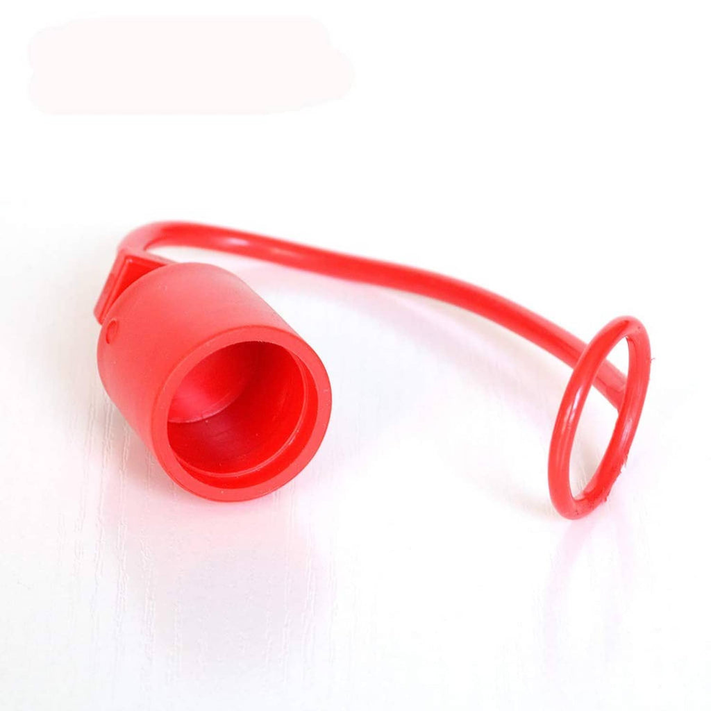 Red protective cup dust cap with tether loop for hydraulic coupler openings