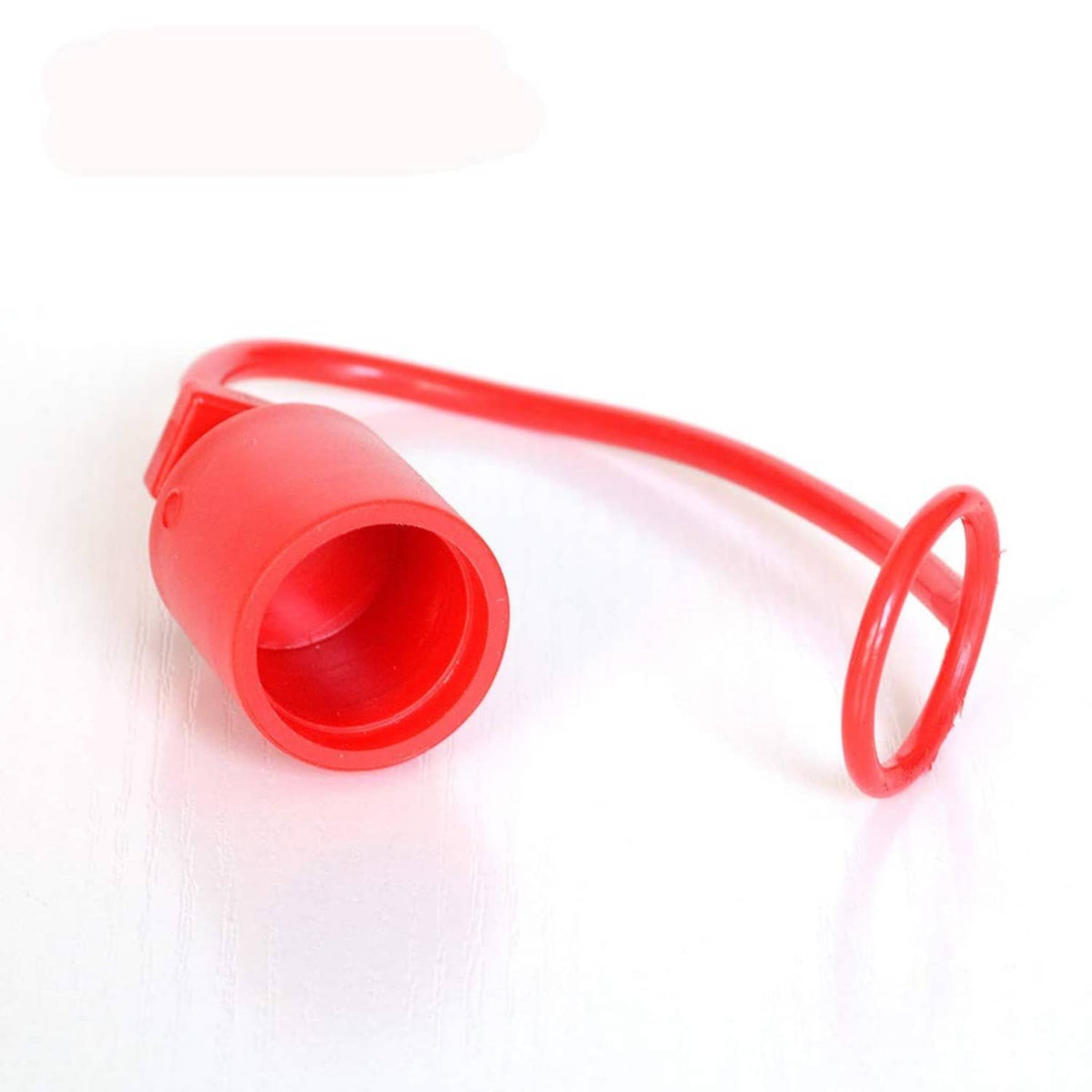 Red protective cup dust cap with tether loop for hydraulic coupler openings