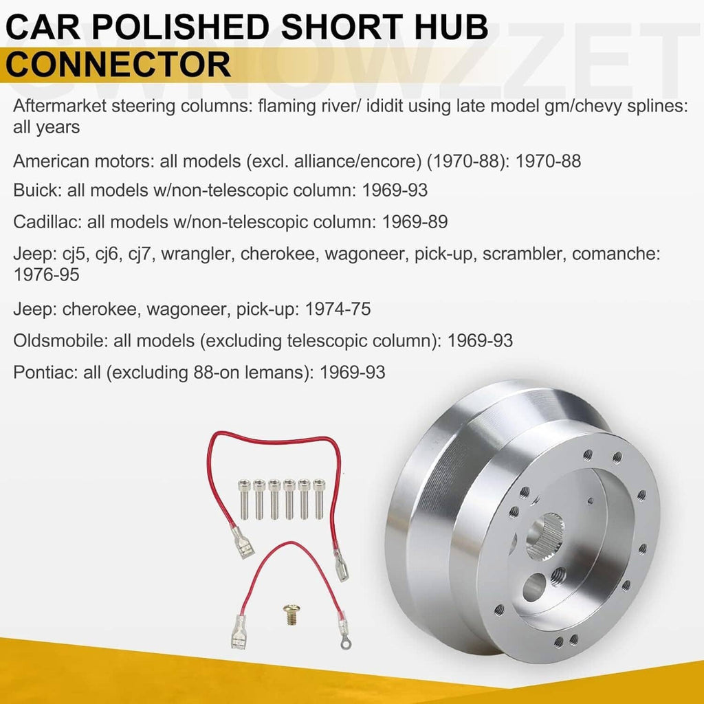 Polished short hub connector with steering wheel hub face and included bolts