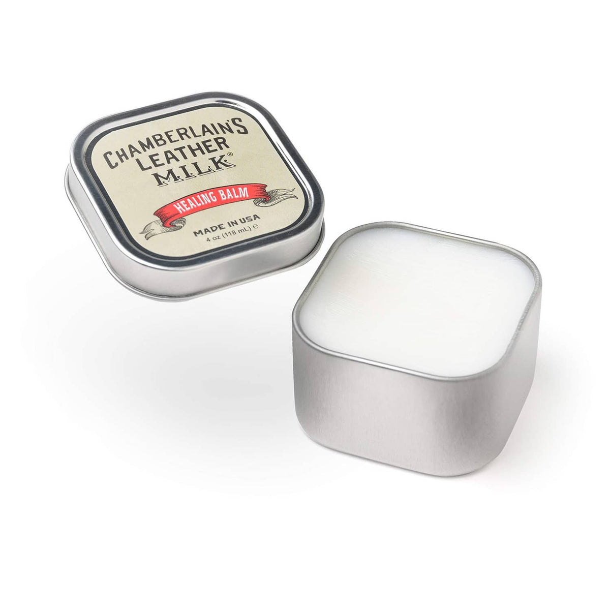 Chamberlain's Leather Milk leather balm tin with open lid and white balm inside