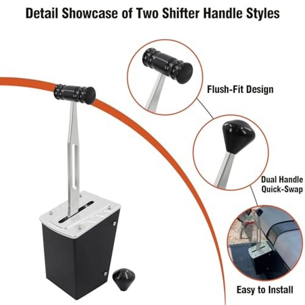 Golf cart shifter assembly showing two handle grips with black knobs