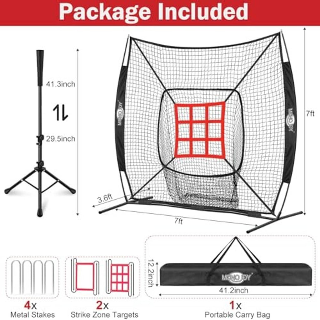 Baseball practice net set with red strike-zone targets and portable carry bag
