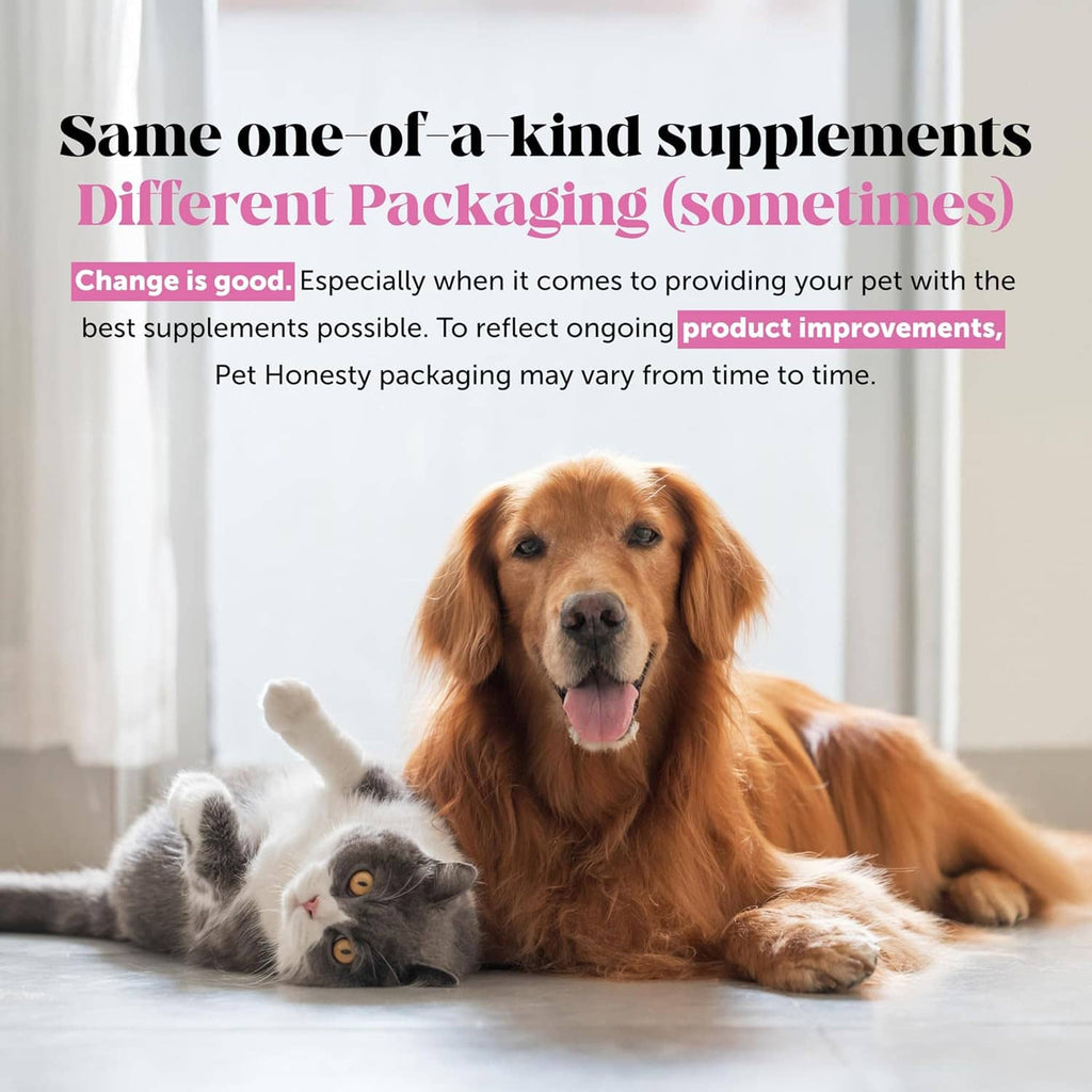 Allergy supplement packaging example with golden retriever lying with cat.