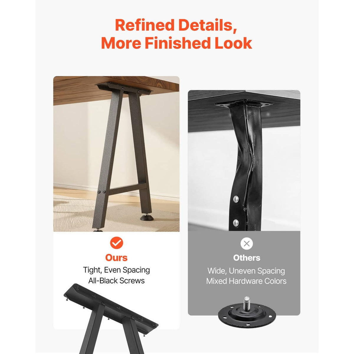 Black steel table leg with reinforced braces and visible mounting screws