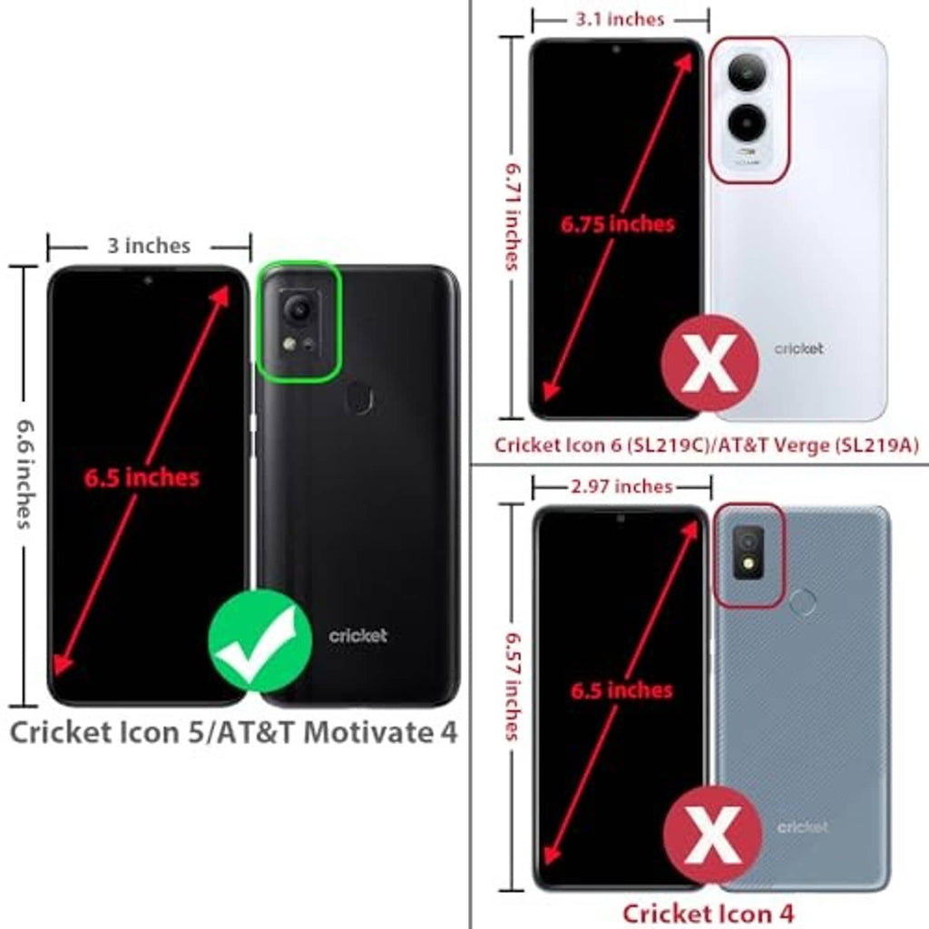 Cricket Icon 5 case fit chart with dimensions for AT&T and Motivate 4