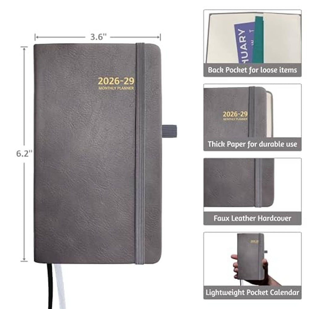 Gray pocket planner with 3.6 x 6.2 size view, back pocket, and strap detail