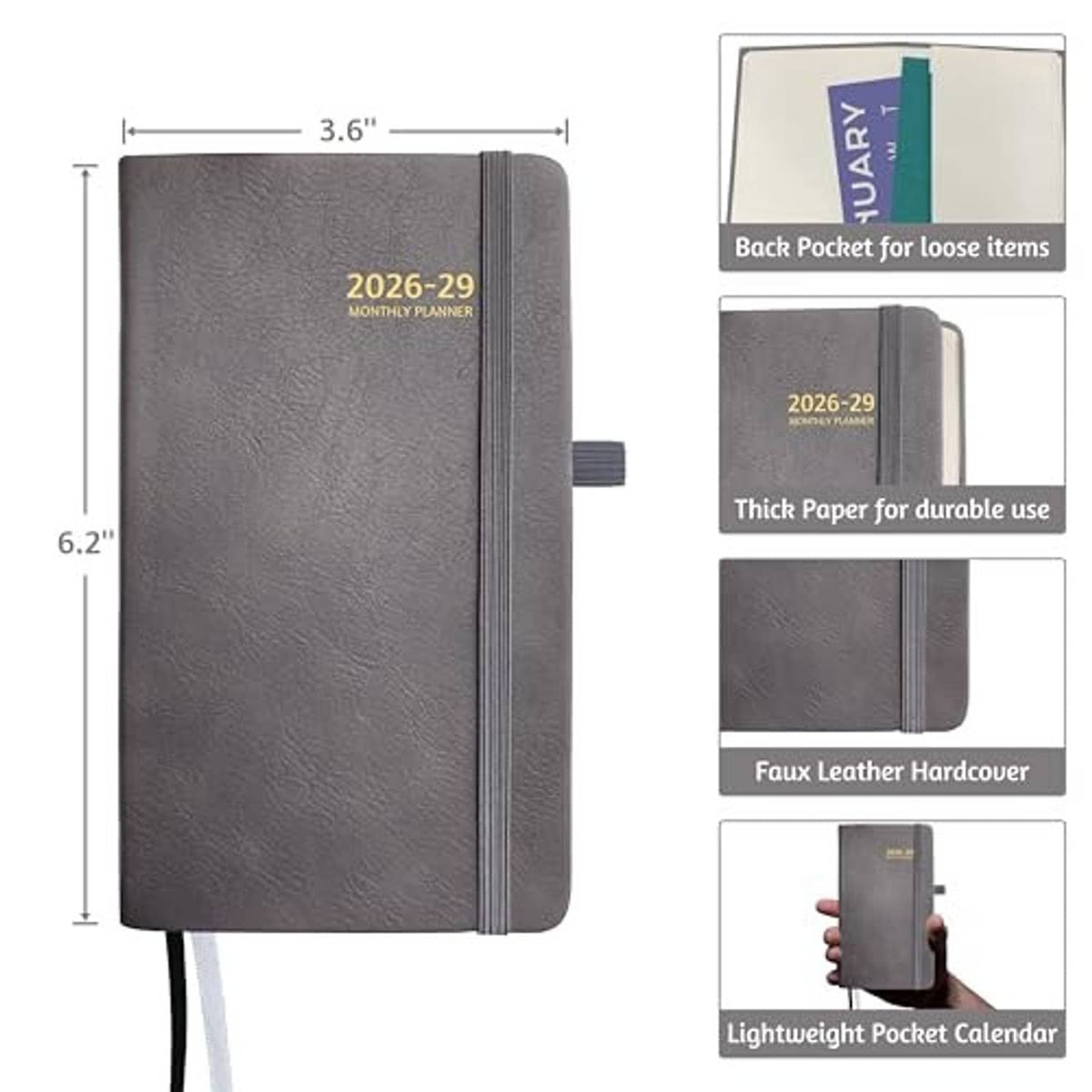 Gray pocket planner with 3.6 x 6.2 size view, back pocket, and strap detail