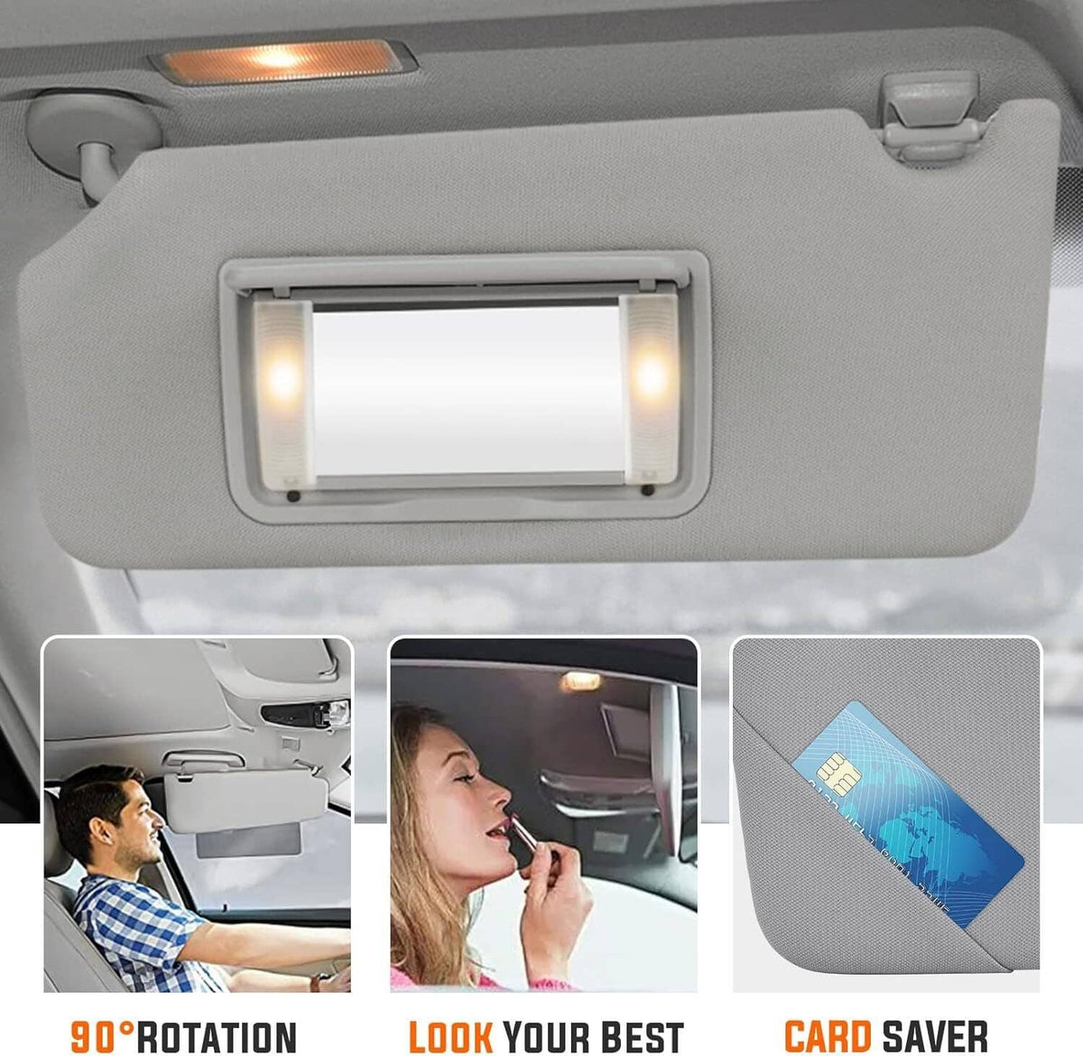 Gray sun visor with lit LED mirror window and built-in vanity panel
