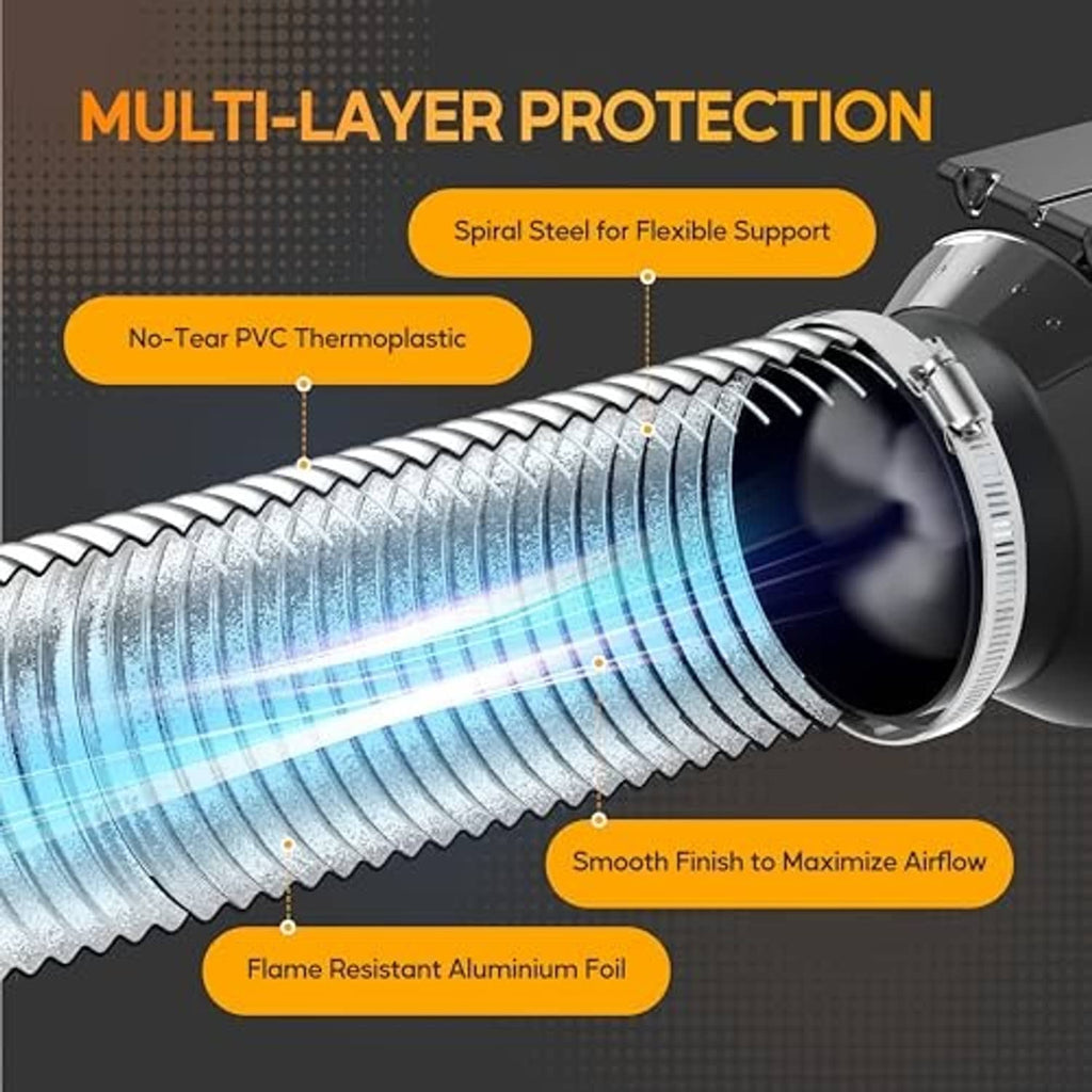 Flexible duct section with silver foil lining and metal clamp, multi-layer design