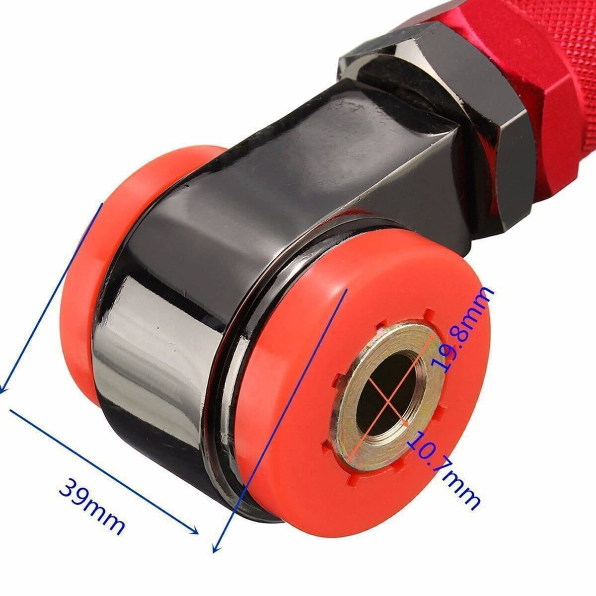 Adjustable upper control arm with red polyurethane bushing and visible size markings