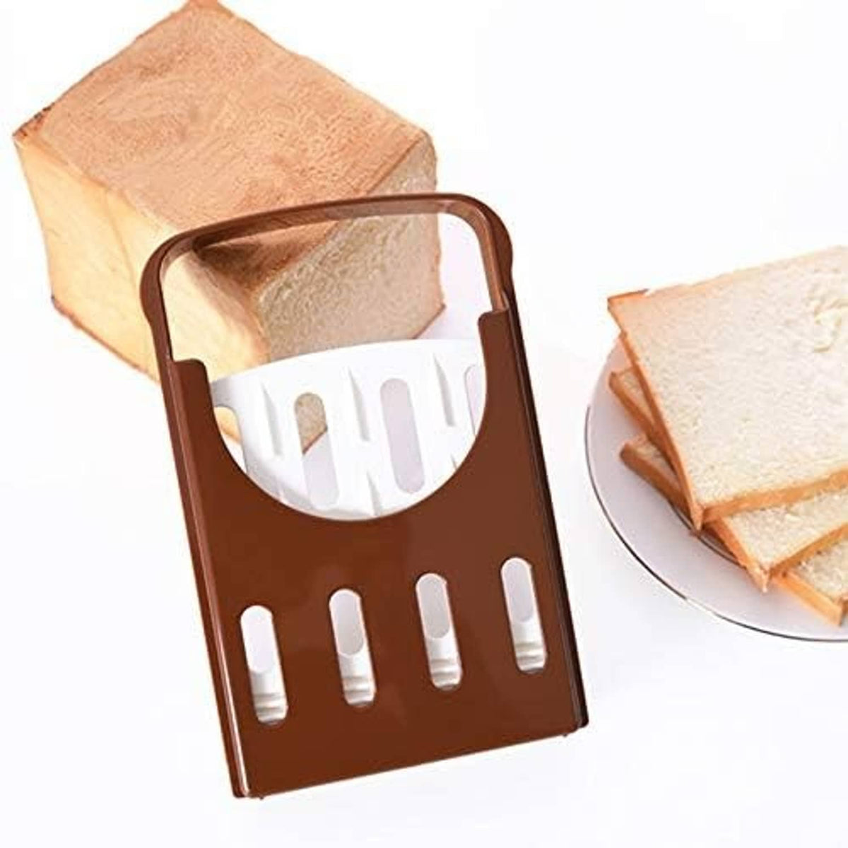 Brown bread slicer guide holding slices with slotted tray and curved handle frame