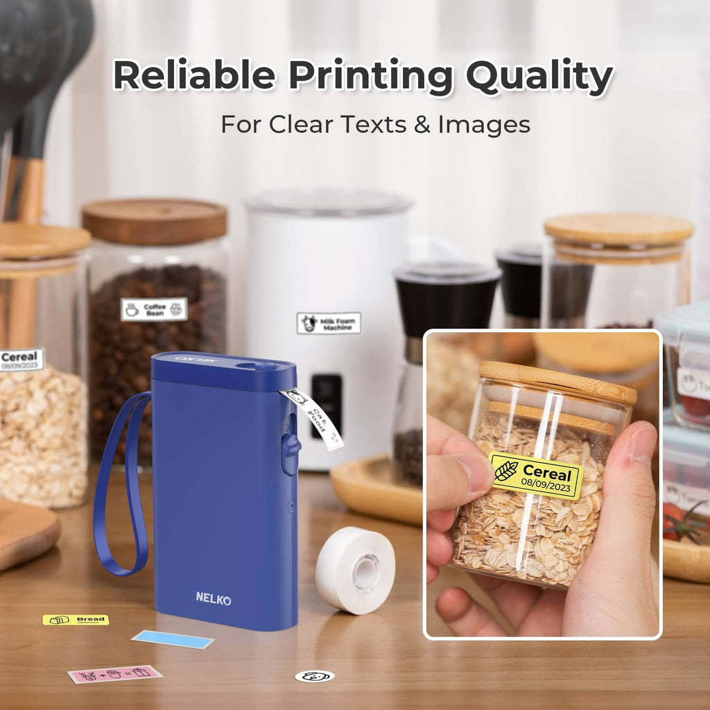 Blue label maker printing clear text and image labels for pantry storage containers