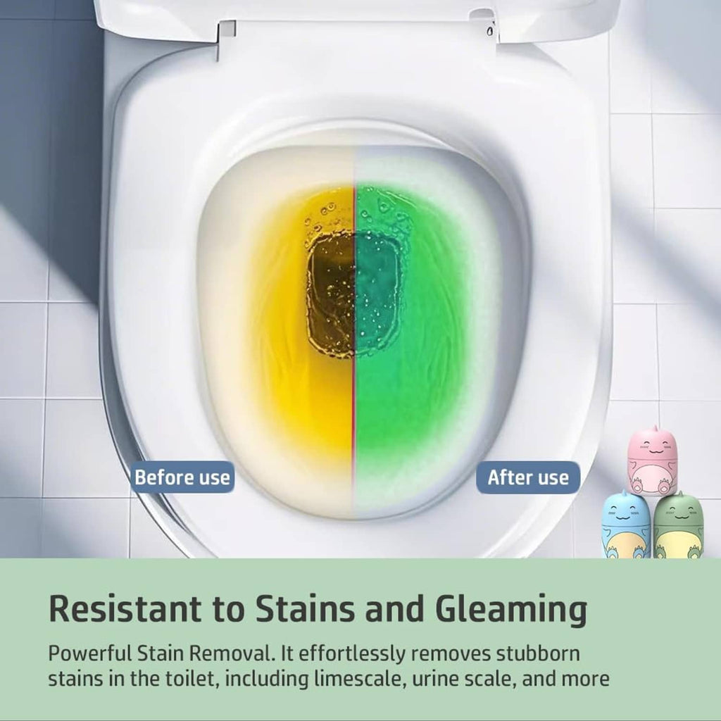 White toilet bowl with colorful before-and-after stain area inside the bowl