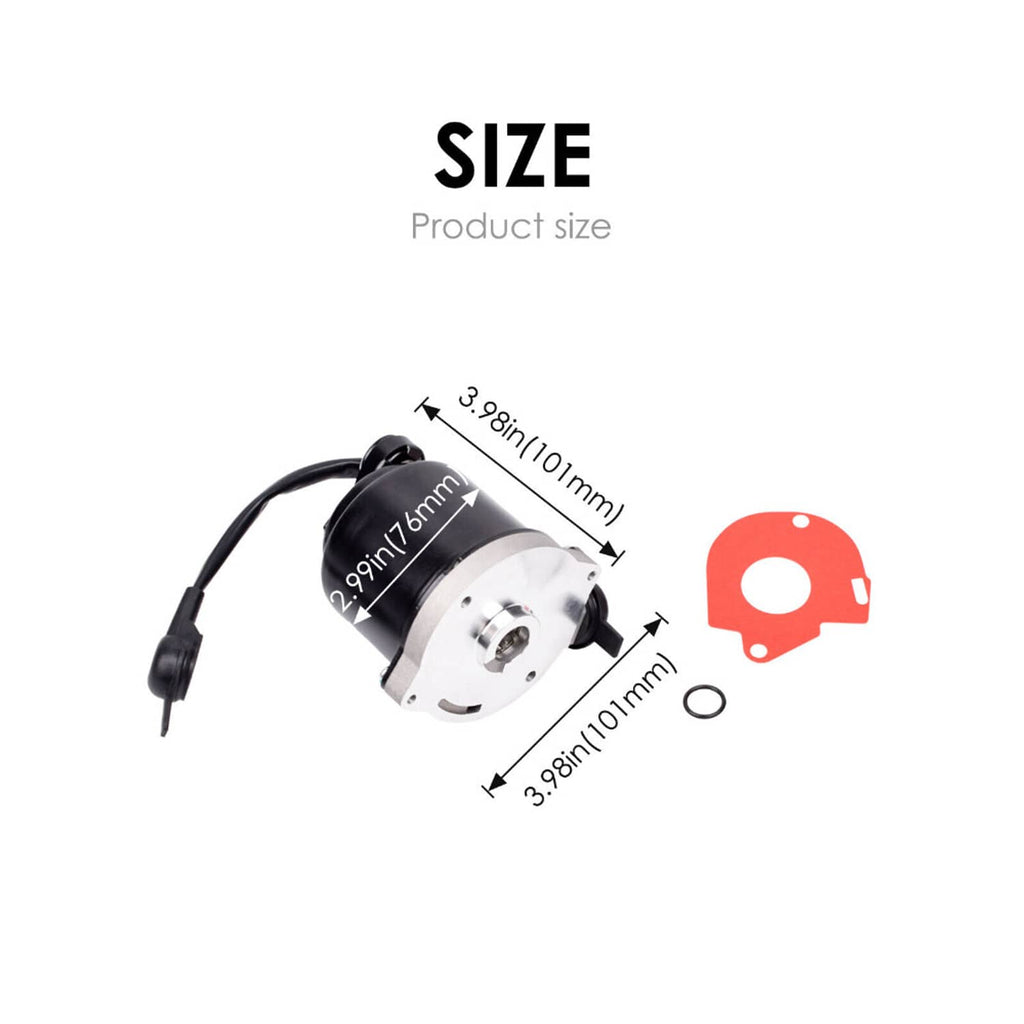 Brake booster pump motor with red gasket and round seals; size diagram shown