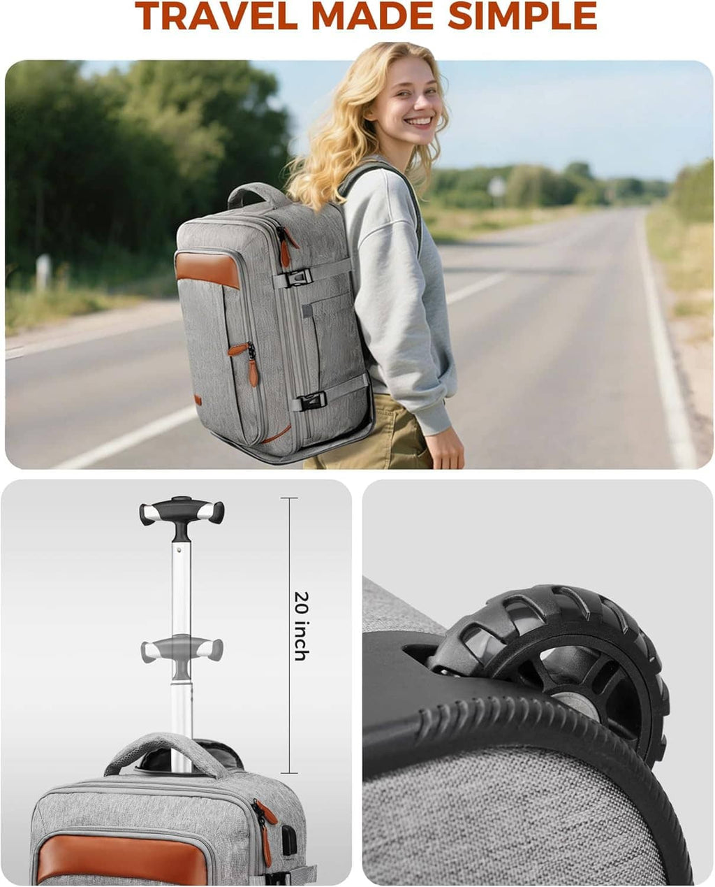 Gray wheeled travel backpack with top handle, orange-trim pocket, and textured wheel detail