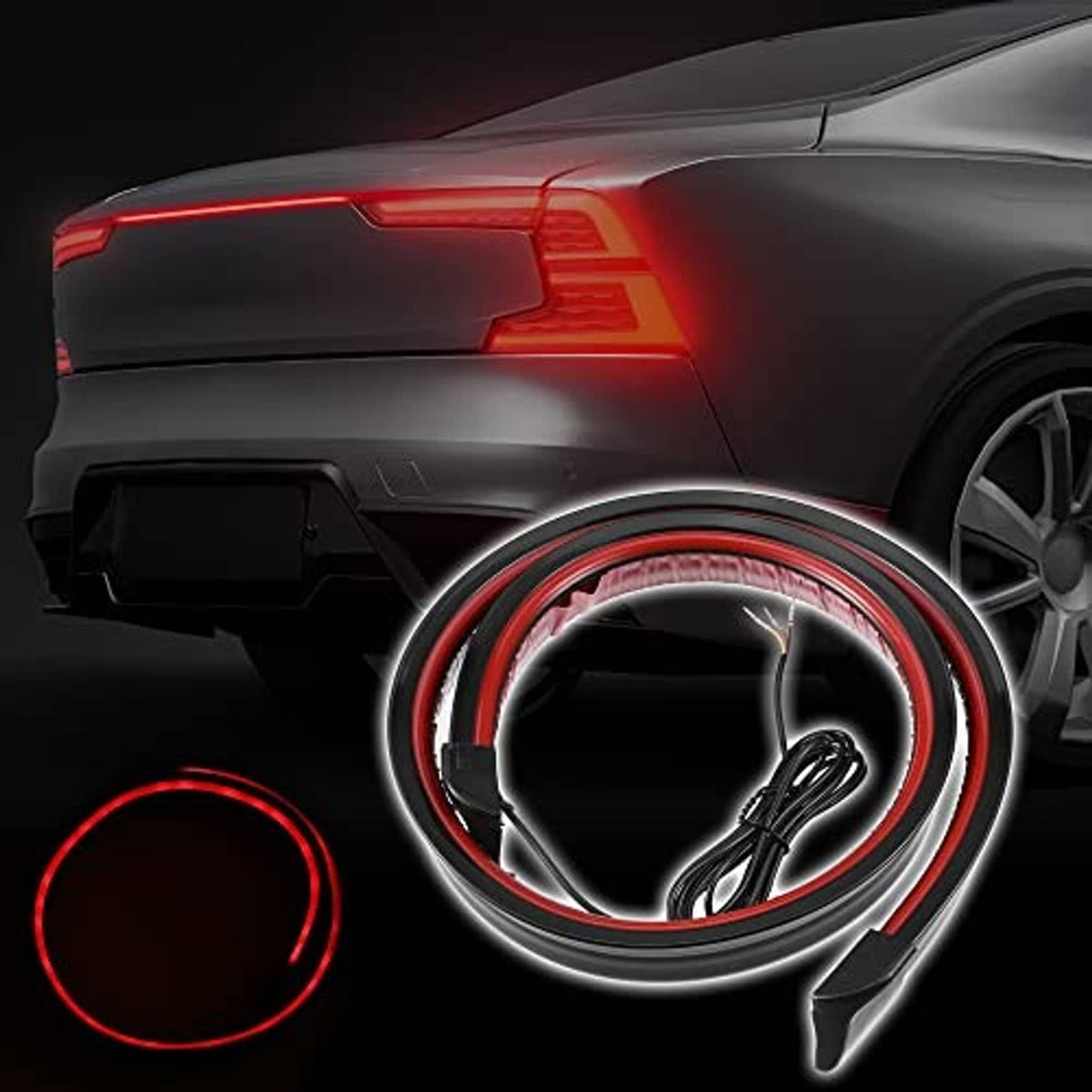 Car trunk spoiler with red LED brake light ring illuminated on the rear panel