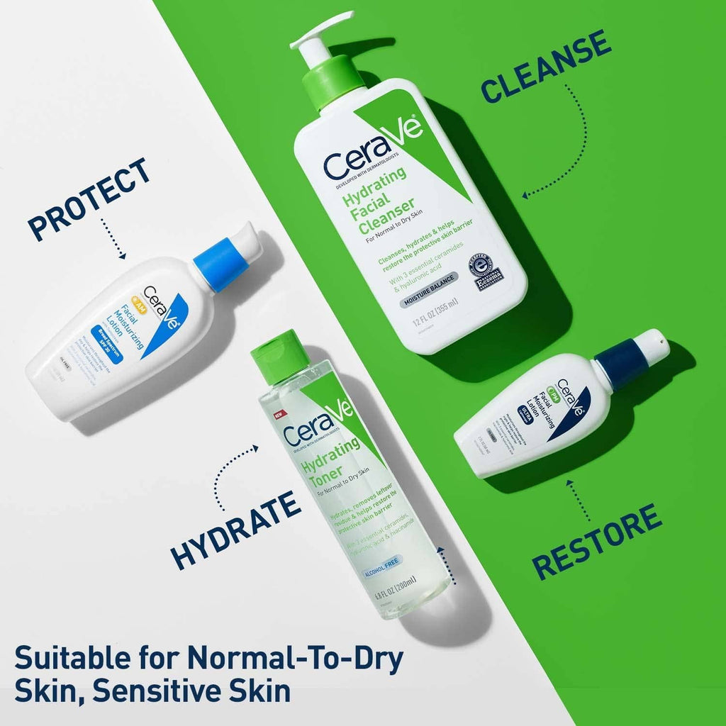 CeraVe hydrating toner bottles arranged on green protect/hydrate/cleanse/restore layout