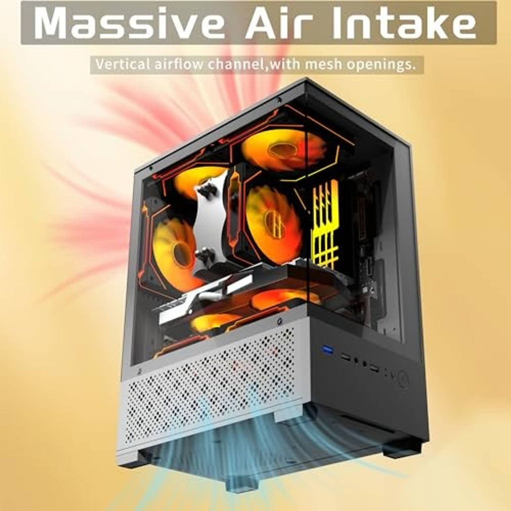 Black PC case with tempered-glass side panel and visible ARGB 120mm fans