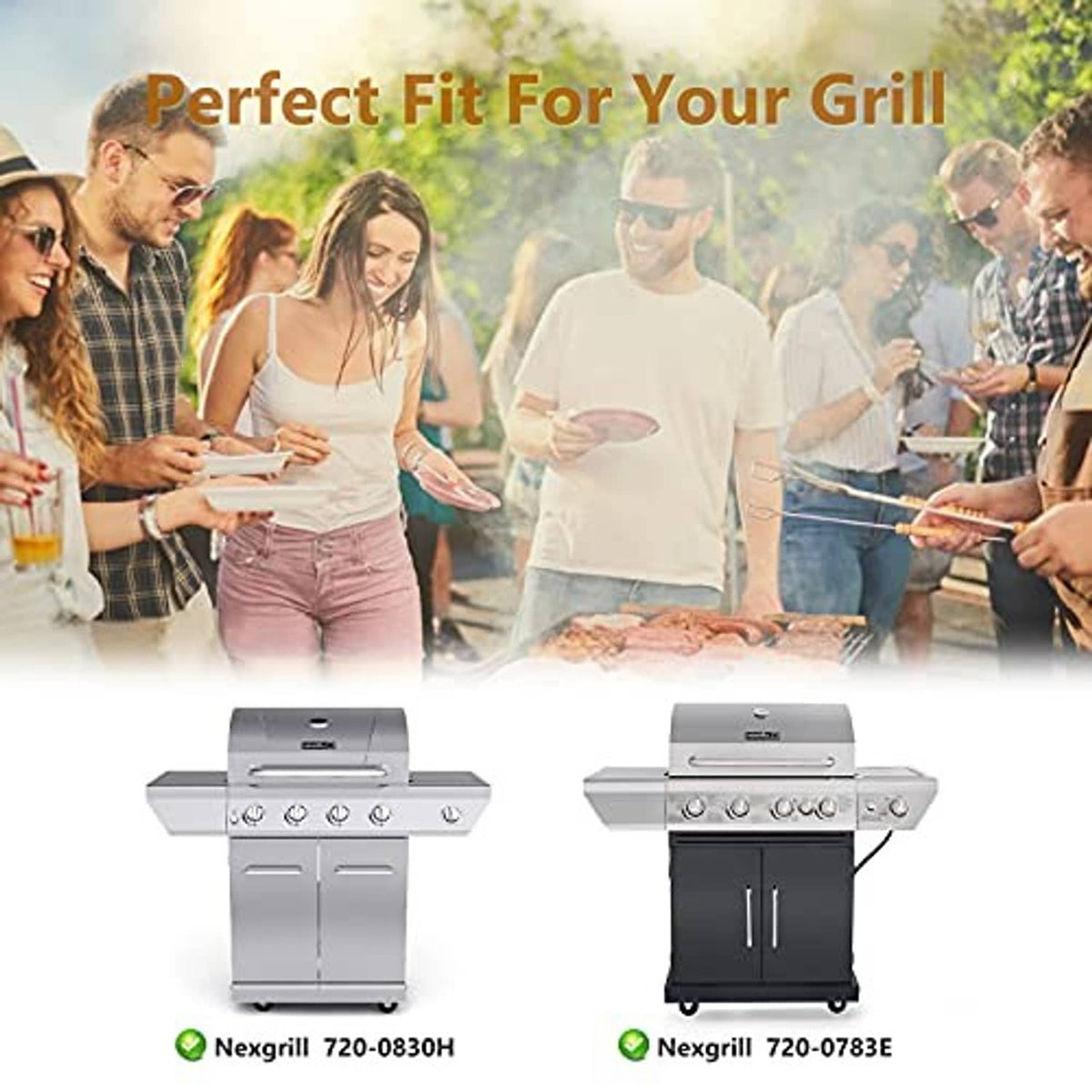 Stainless steel 4-burner grill with replacement heat plate kit shown for Nexgrill
