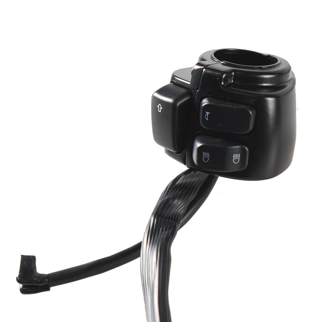 Black handlebar switch housing with light and indicator control icons