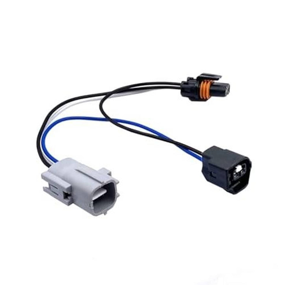 LED headlight conversion harness with gray socket and black plug, blue/black wires