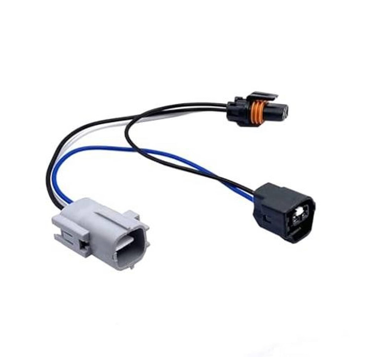 LED headlight conversion harness with gray socket and black plug, blue/black wires