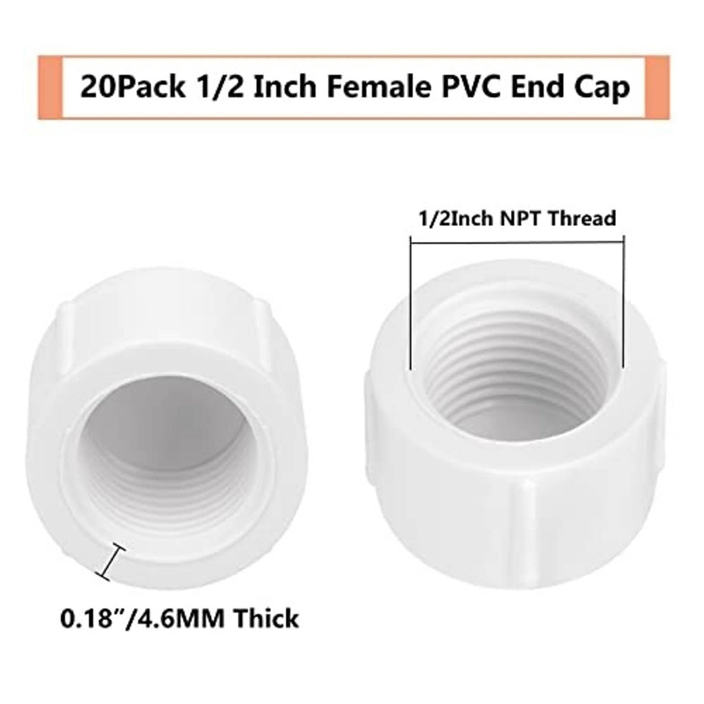 White PVC pipe end cap with 1/2 inch female NPT threads, thick round body