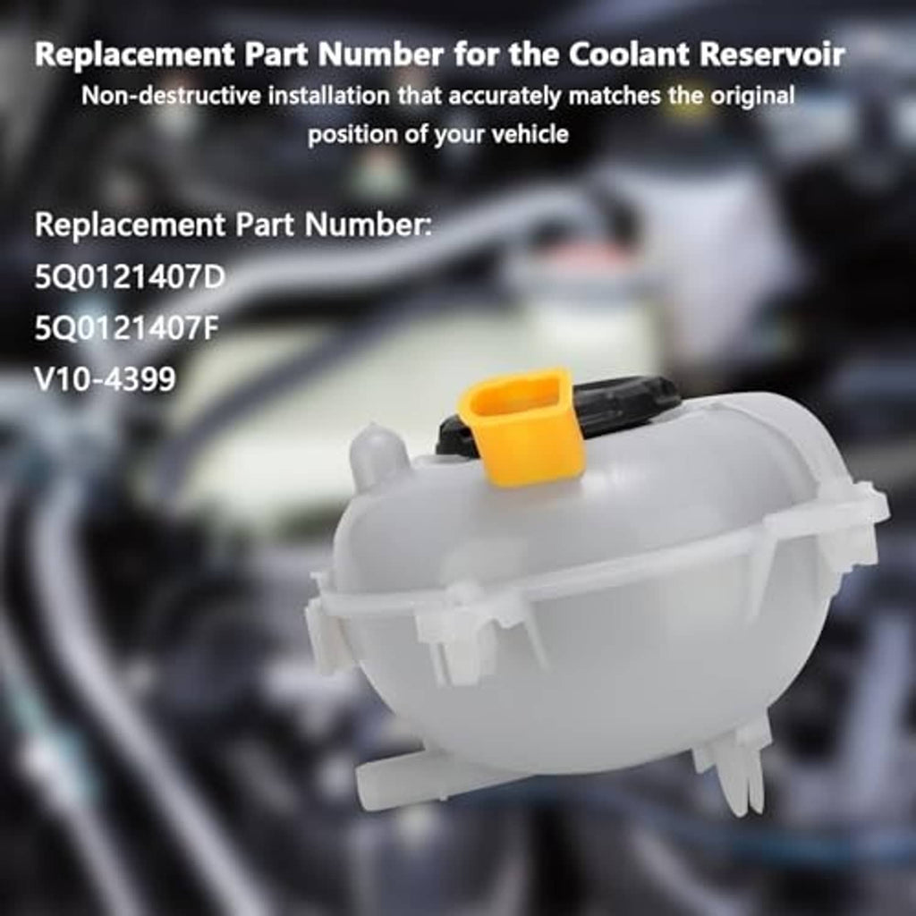 Coolant reservoir tank with cap, white housing, black cap, and orange vent nozzle.